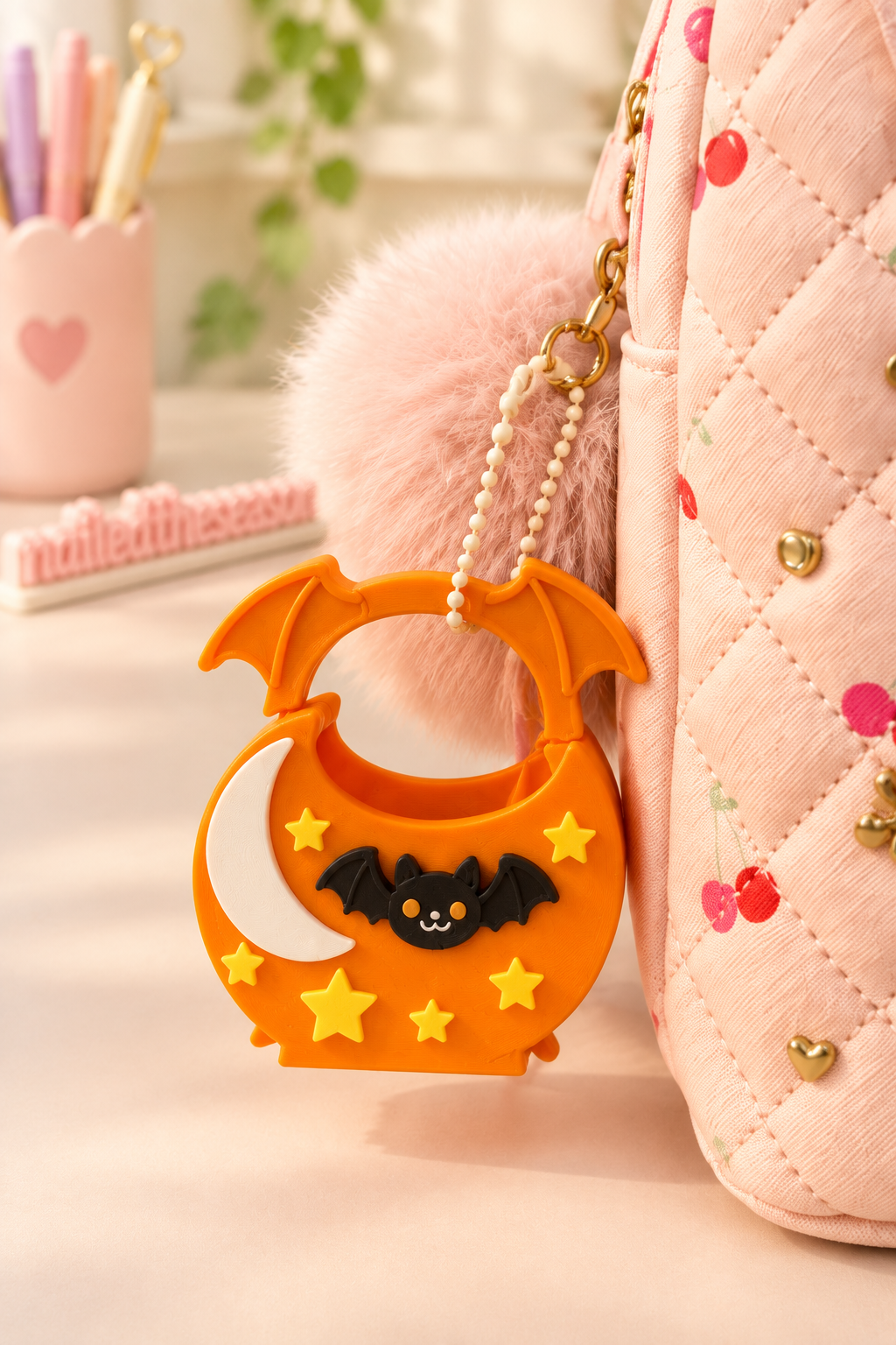 Bat Bag Keychain 3.5" 3D Printed Halloween Charm with Detachable Moon Stars Bat & Wing Handle for Keys Backpacks Purses