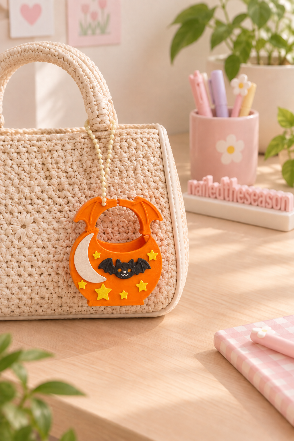 Bat Bag Keychain 3.5" 3D Printed Halloween Charm with Detachable Moon Stars Bat & Wing Handle for Keys Backpacks Purses