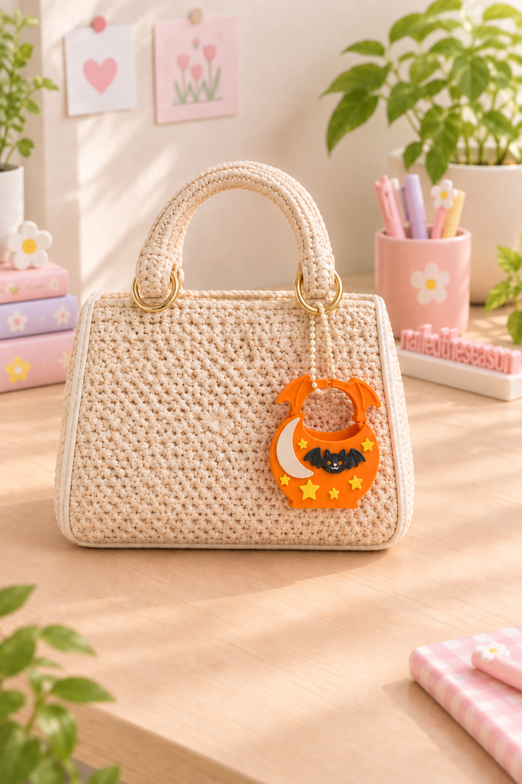Bat Bag Keychain 3.5" 3D Printed Halloween Charm with Detachable Moon Stars Bat & Wing Handle for Keys Backpacks Purses